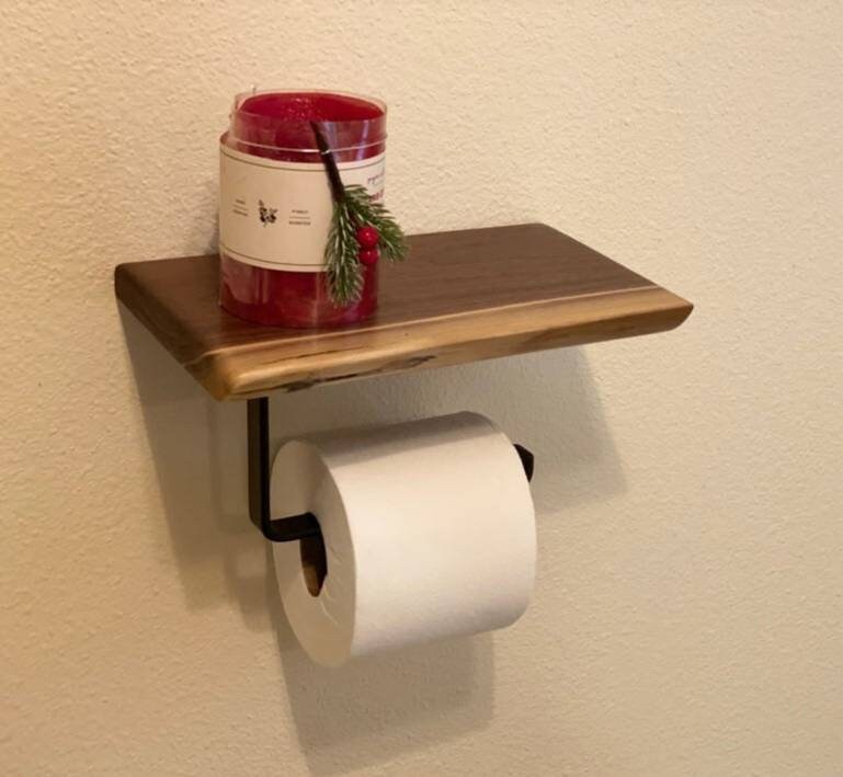 Toilet paper Holder with Rustic Live-edge Floating shelf / Hand towel hanger / Bathroom Deco/ Live-edge Floating shelf / Home Organizer