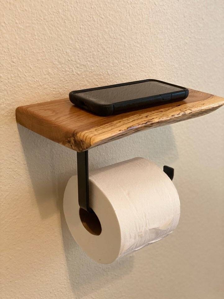 Toilet paper Holder with Rustic Live-edge Floating shelf / Hand towel hanger / Bathroom Deco/ Live-edge Floating shelf / Home Organizer