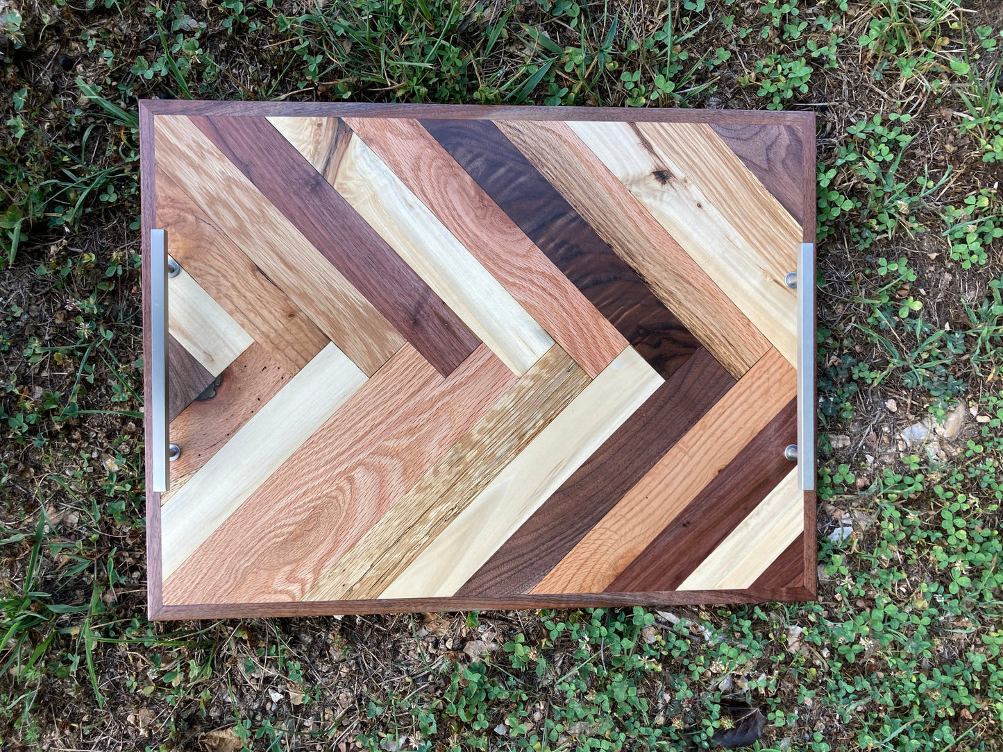 Hardwood mix Ottoman Tray | Wall art Rectangle | Solid Wood Herringbone Style | Hand Made