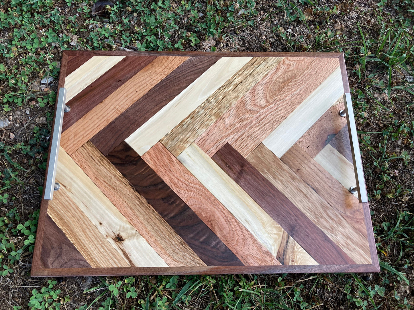 Hardwood mix Ottoman Tray | Wall art Rectangle | Solid Wood Herringbone Style | Hand Made