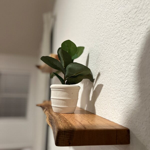 Hickory // Heavy-duty Modern Live edge Floating Shelf with a hidden metal bracket