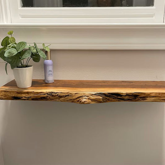 Hickory // Heavy-duty Modern Live edge Floating Shelf with a hidden metal bracket