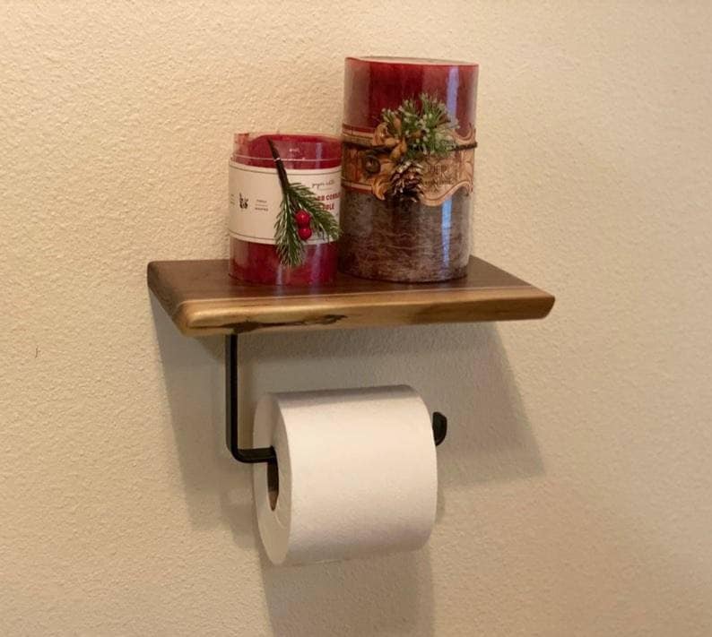 Toilet paper Holder with Rustic Live-edge Floating shelf / Hand towel hanger / Bathroom Deco/ Live-edge Floating shelf / Home Organizer